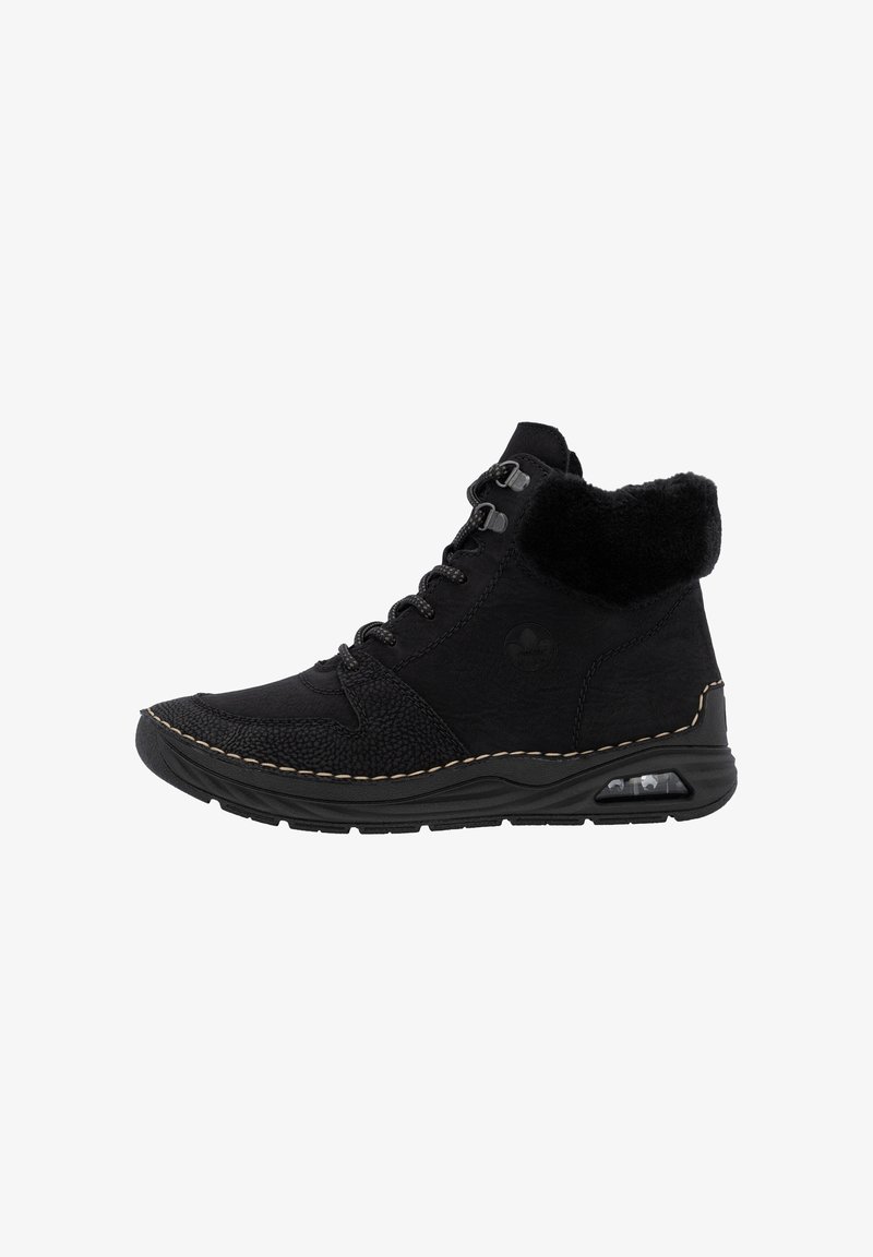 Zwarte mid-top schoenen vanTextureleer, met een nepbont kraag, vetersluiting en een rubberen zool met zichtbare luchtkussens.