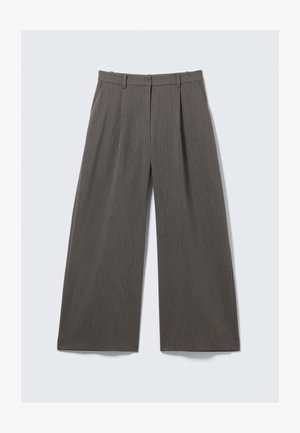 Gray pinstriped wide-leg trousers with belt loops and pleats, displayed flat against a white background.