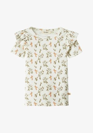 Hvid ribbet kortærmet t-shirt med blomstermønster i pink og grøn. Flæser ved ærmerne og rund halsudskæring. Letvægts bomuldsstof.