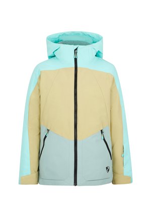 Farbblockierte Jacke mit hellblauen, mintgrünen und beigefarbenen Einsätzen. Ausgestattet mit einem Frontreißverschluss und zwei Seitentaschen. Weiches Innenfutter.