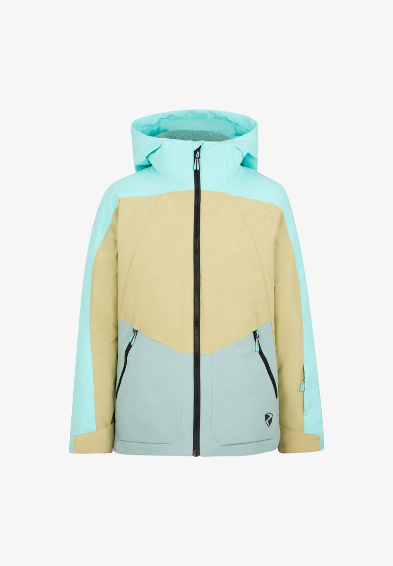 Color-blocked jacket featuring light blue, mint green, and tan panels. Equipped with a front zipper and two side pockets. Soft interior lining.