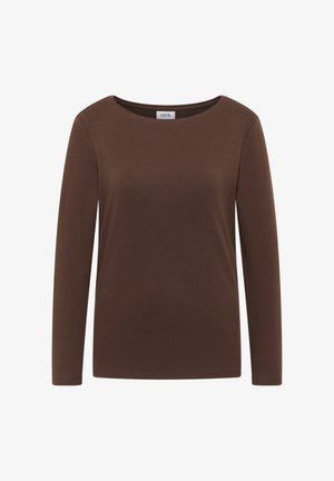 Braunes Langarm-T-Shirt aus weichem Stoff mit rundem Halsausschnitt und einem klaren, schlichten Design. Keine sichtbaren Muster oder Verzierungen.