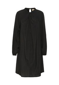 Fekete, hosszú ujjú ruha magas gallérral, elől összegyűrt részlettel és hátul kulcslyuk nyílással. Simas texture és laza fit.