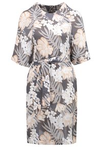 Robe à imprimé floral gris, avec de grandes fleurs pêche et blanches accompagnées de feuilles vertes. Manches courtes, taille ceinturée et coupe décontractée.