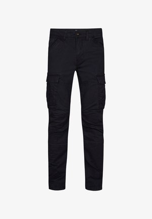 Schwarze Cargo-Hosen mit geradem Schnitt, mehreren seitlichen Taschen und einem glatten Baumwollstoff mit leicht strukturierten Details.