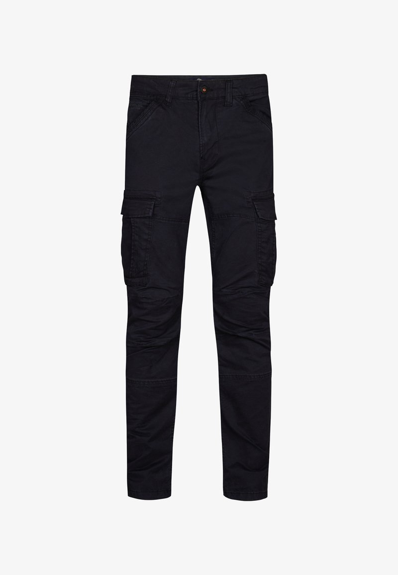 Czarne spodnie cargo mają prosty krój, wiele bocznych kieszeni oraz gładką bawełnianą tkaninę z delikatnymi detalami teksturowymi.