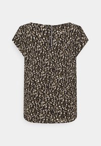 Blusa a maniche corte nera con stampa leopardata in tonalità di beige e verde, dotata di chiusura con zip sul retro e vestibilità comoda.
