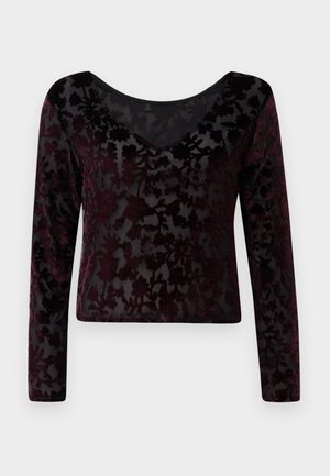 Bordeaux langermet topp laget av gjennomsiktig stoff med et blomster-velur mønster, med V-hals og cropped hem. Glatt tekstur og tettsittende fasong.