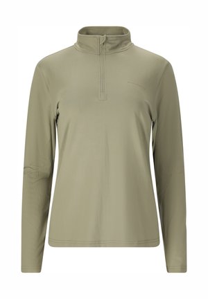 Langærmet, lysegrøn olivengrønt pullover med kort lynlås og høj krave, designet til afslappet eller atletisk brug.