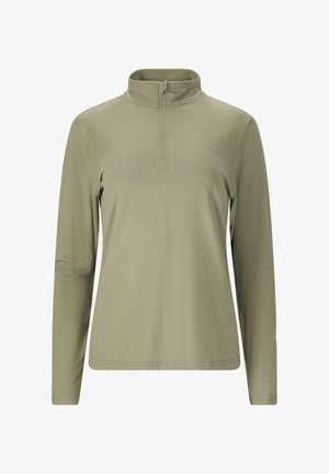 Pitkähihaisen, vaalean oliivinvihreän collegeneuleen edessä lyhyt vetoketju ja korkea kaulus, suunniteltu rentoon tai urheilulliseen käyttöön.