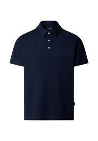 Polo de manga corta azul marino con cuello y tres botones blancos en la tapeta frontal.