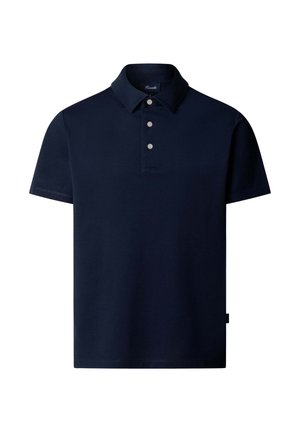 Polo a maniche corte blu navy con colletto e tre bottoni bianchi lungo la patta anteriore.
