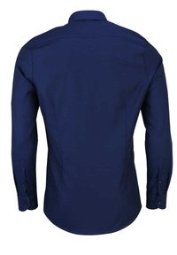 Marineblaues Langarmhemd aus glattem Stoff, mit Button-Down-Kragen und Knopfverschlüssen an den Bündchen. Es verfügt über eine taillierte Passform und ein sauberes Rückendesign.