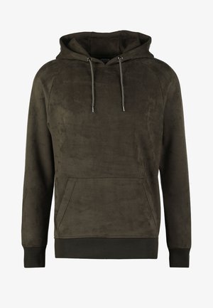 Olive green hoodie with a soft texture, adjustable drawstring hood, front kangaroo pocket, and ribbed cuffs and hem.