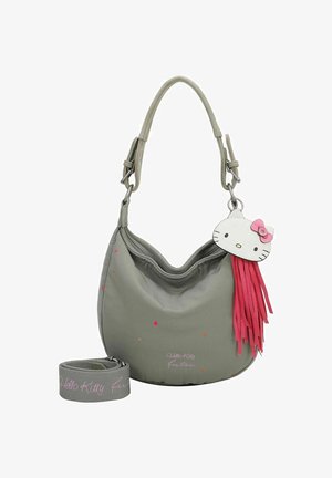 Graue synthetische Handtasche mit geschwungener Form, ausgestattet mit pinken Sternakzenten und einem abnehmbaren Hello Kitty-Anhänger mit pinken Fransen. Verstellbarer Tragegurt ist enthalten.