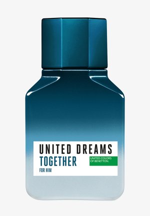 Flacon de parfum rectangulaire dégradé bleu avec bouchon noir, étiqueté "United Dreams Together For Him" par United Colors of Benetton.