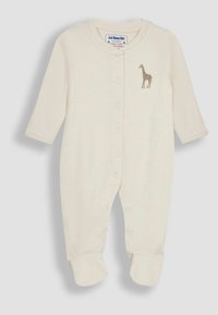Body per neonati di colore crema con maniche lunghe, design con piedi, chiusura anteriore a bottoni e dettaglio ricamato di una giraffa sul petto.