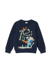 Granatowy sweter z ściągaczami na rękawach i dekolcie. Zawiera grafikę przedstawiającą niedźwiedzia malującego sprayem dinozaura w żywych kolorach i z teksturowanym wykończeniem.