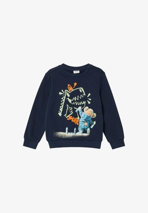 Marineblauwe sweatshirt met ribgebreide mouwen en hals. Beschikt over een grafiek van een beer die een dinosaurussen spuitverf in levendige kleuren met een gestructureerde afwerking.