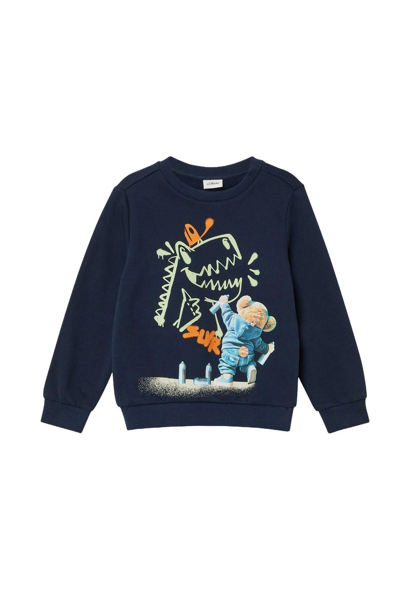 Granatowy sweter z ściągaczami na rękawach i dekolcie. Zawiera grafikę przedstawiającą niedźwiedzia malującego sprayem dinozaura w żywych kolorach i z teksturowanym wykończeniem.