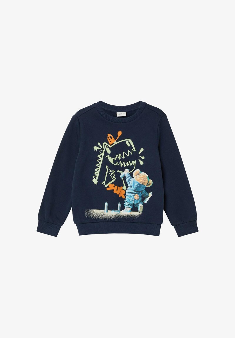 Granatowy sweter z ściągaczami na rękawach i dekolcie. Zawiera grafikę przedstawiającą niedźwiedzia malującego sprayem dinozaura w żywych kolorach i z teksturowanym wykończeniem.