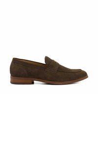 Brown suede men's loafer with a wooden low heel and a stitched strap detail on the vamp, shown on a white background.