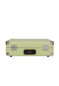 Funda de vinilo verde con acentos metálicos plateados, de forma rectangular, un panel negro con puertos de audio y bisagras visibles.