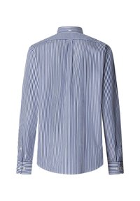 Camicia a maniche lunghe a righe blu e bianche con colletto sagomato, polsini con bottoni e particolare piega sul retro. Tessuto dalla consistenza liscia.