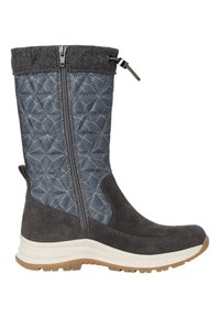 Botte en suède gris et textile à motifs avec fermeture éclair sur le côté, bord supérieur renforcé et semelle en caoutchouc légère, conçue pour le confort et la durabilité.