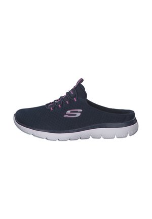 Navy blue slip-on sneaker with pink accents, breathable mesh upper, white flexible sole, and Skechers logo on the side.