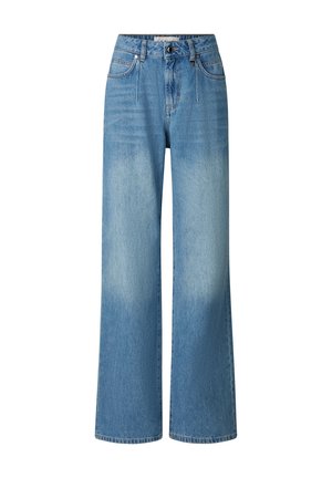 Jeans en denim bleu clair taille haute avec jambes larges, fermeture à boutons et zip à l'avant, style à cinq poches.