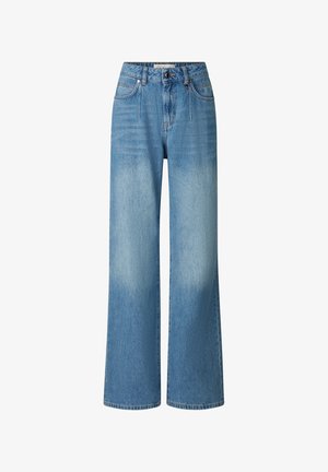 Hellblaue Jeans aus Denim mit hoher Taille und weitem Bein, vorn mit Knopf- und Reißverschluss sowie im Fünf-Taschen-Stil.