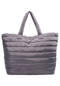 Gray quilted fabric tote bag with padded handles, horizontal stitching, and a wide rectangular shape.