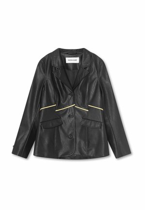 Mustast kunstnahast bleiser kolme nupuga, sälguga krae, ees taskute flappide ja kollase diagonaaltriibuga taskute kohal.