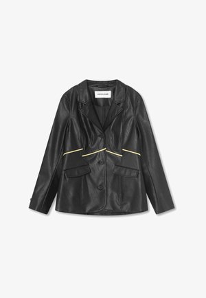 Mustast kunstnahast bleiser kolme nupuga, sälguga krae, ees taskute flappide ja kollase diagonaaltriibuga taskute kohal.