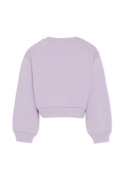 Felpa corta color lavanda con maniche larghe e lunghe e scollo rotondo. Tessuto morbido con polsini e orlo a coste. Texture liscia.