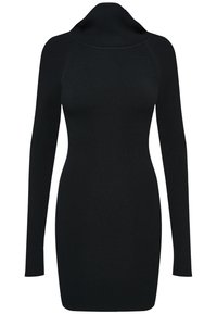 Robe noire en maille côtelée à manches longues avec un col roulé haut et une silhouette ajustée.