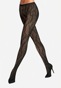 Zwarte panty met patroon, voorzien van een doorschijnend ontwerp met een getextureerd golfpatroon, aangevuld met een gladde tailleband en hoge hakken.