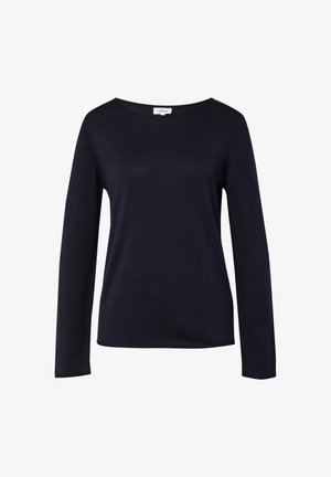 Marineblaues Langarmshirt mit weitem Rundhalsausschnitt, aus einem weichen, strukturierten Stoff gefertigt. Verfügt über einen gerade Schnitt mit minimalen Nähdetails.