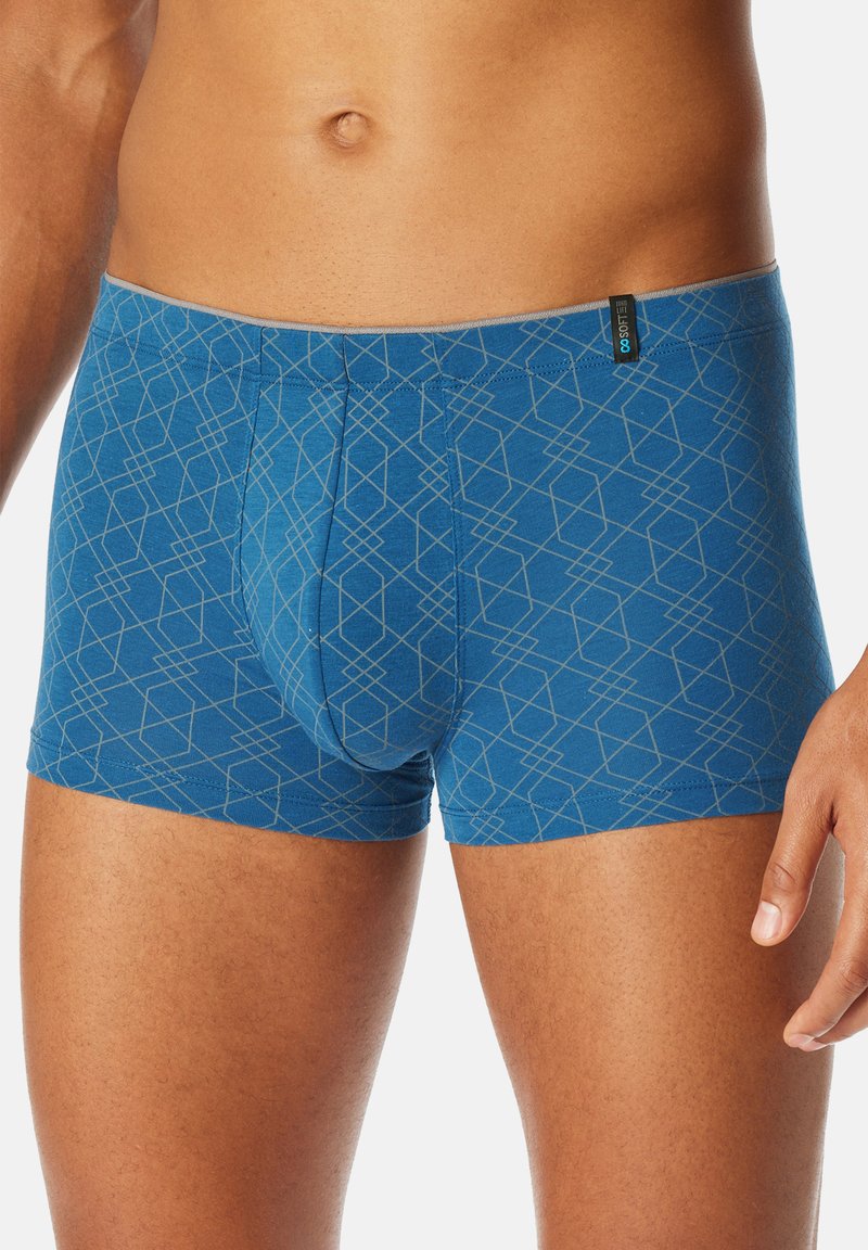 Blue boxer briefs with a geometric pattern in light gray. Features a soft waistband and a snug fit, made from stretchable fabric.