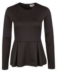 Haut noir à manches longues avec un design texturé, doté d'un col rond et d'un ourlet peplum évasé, fermé par une fermeture éclair au dos.