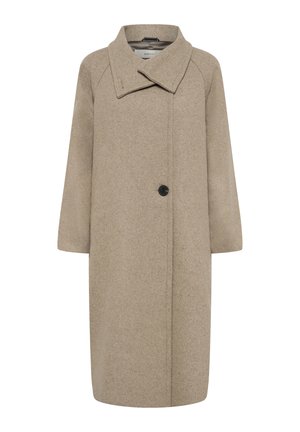 Beige ullkappa med en stor krage, enknapplås och trekvartslånga ärmar. Slät textur med en strukturerad form.
