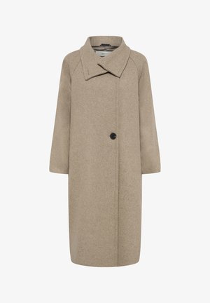 Beige wool coat with a large collar, single button closure, and three-quarter length sleeves. Smooth texture with a structured shape.