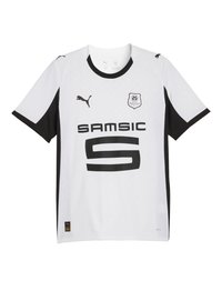 Camiseta de fútbol blanca y negra del Stade Rennais con logotipos de Puma y el patrocinador "SAMSIC" en el frente.