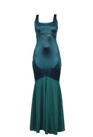 Satengkjole i mørk teal med firkantet utringning, tettsittende liv og flytende skjørt. Har kontrasterende stofftekstur og sømdetaljer.