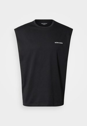 Tricou negru fără mâneci, realizat dintr-un material moale. Prezintă un guler rotund și un mic logo alb "BJÖRN BORG" în partea superioară stângă. Design simplu.