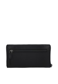 Black leather wallet featuring a zippered compartment, smooth texture, rectangular shape, and minimalistic design. Accented with silver hardware.