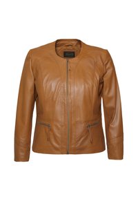 Braune Lederjacke mit rundem Ausschnitt, Reißverschluss vorne, zwei Reißverschlusstaschen und Nahtdetails für eine figurnahe Silhouette.