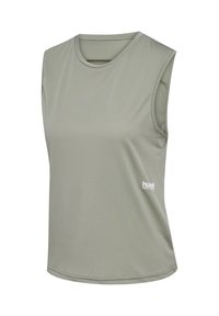 Débardeur de sport vert clair sans manches avec encolure ronde et petit logo blanc en bas à droite.