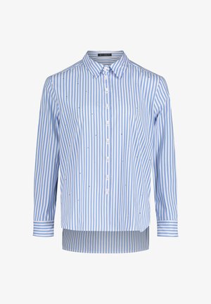 Chemise à rayures boutonnée en bleu clair et blanc, avec manches longues, col pointu et petits accents décoratifs partout.